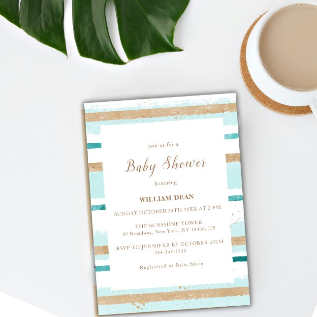 Convite Dourado Chá de fraldas de faixa verde de cor d'águ (Modern Watercolor Green Gold Stripe Baby Shower Invitation)