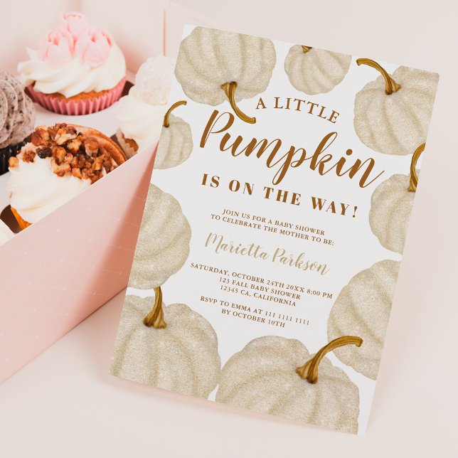 Convite Dourado chá de fraldas de quedas de abóbora (Gold Little pumpkin fall script baby shower Invitation)