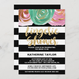 Convite Dourado Chá de Lingerie de texto e faixas brancas