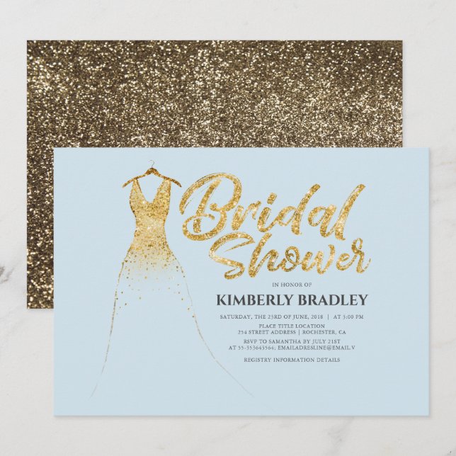 Convite Dourado Chá de panela Azul Dusty Glitter Weding (Frente/Verso)
