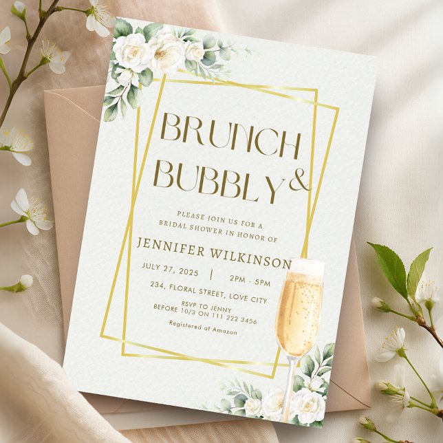 Convite Dourado Chá de panela Floral Brunch e Bubbles (Gold Floral Brunch Bubbly Bridal Shower Invitation)