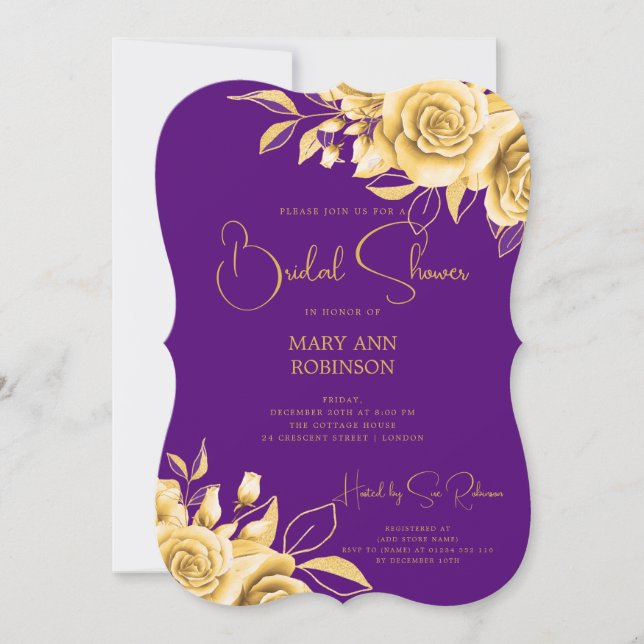 Convite Dourado Chá de panela Floral Roxo de Script Elegan (Frente)