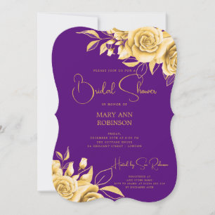 Convite Dourado Chá de panela Floral Roxo de Script Elegan