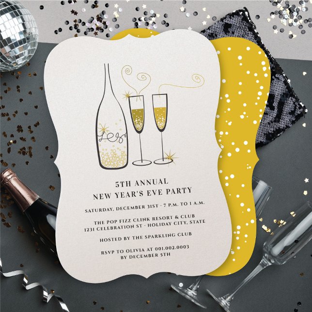 Convite Dourado champanhe aplaude festa anual do ano novo (Gold Champagne Cheers Annual New Year Eve Party Invitation @ fat_fa_tin)