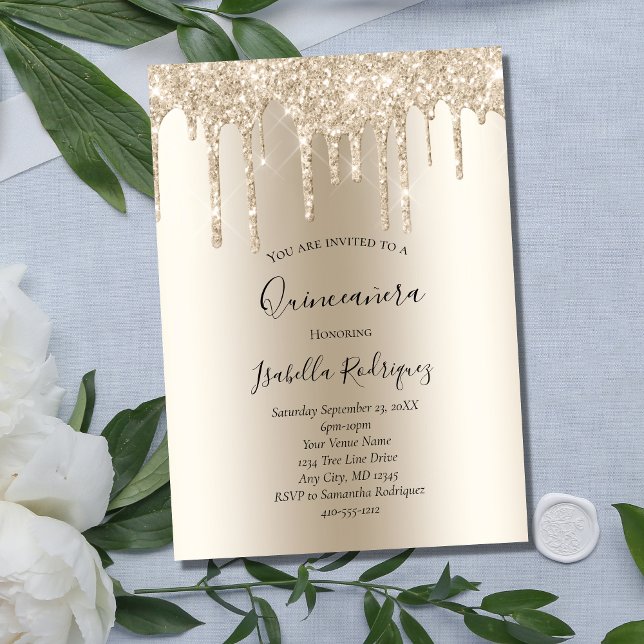 Convite Dourado Champanhe com Brilho Quinceanera (Criador carregado)