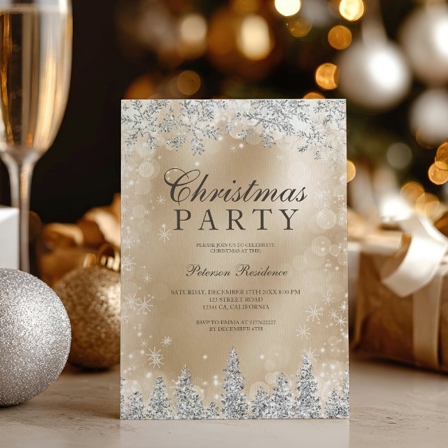 Convite Dourado Chic Prata floco de neve inverno festa de  (Chic Gold Silver snowflake winter Christmas party Invitation)