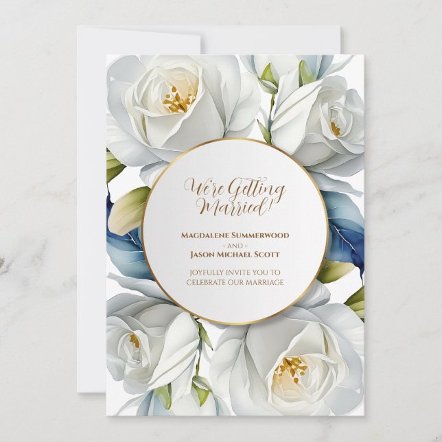 Convite Dourado Círculo Frame de Rosas Brancas Fundo Flora (Frente)
