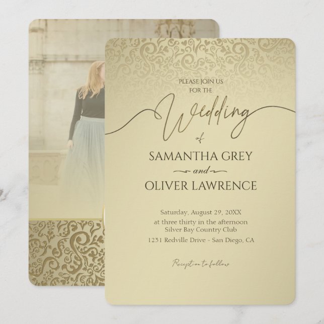 Convite Dourado Clássico para Casamento de Fotos (Frente/Verso)