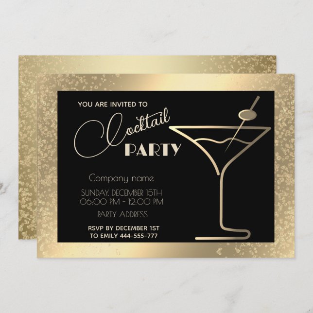 Convite Dourado cocktail negro de férias de luxo (Frente/Verso)