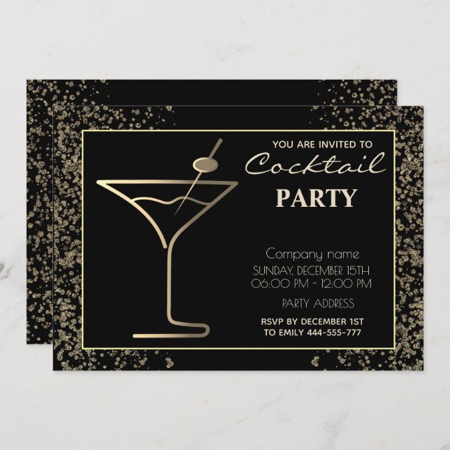 Convite Dourado cocktail negro de férias de luxo (Frente/Verso)