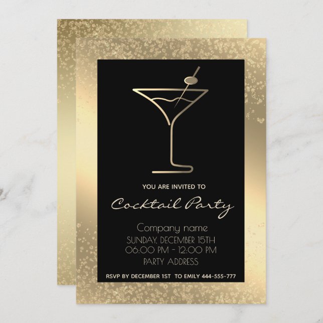 Convite Dourado cocktail negro de férias de luxo (Frente/Verso)