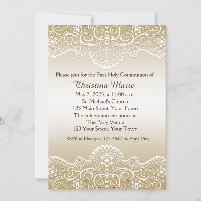 Convite Dourado com renda, cruz, religioso (Frente)