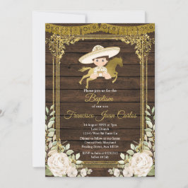 Convite Dourado com rosas brancas Fiesta Boy Baptism