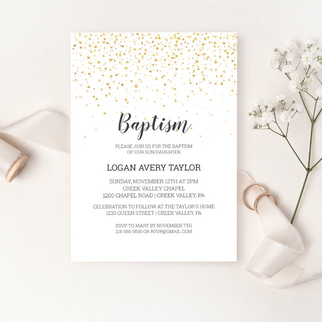 Convite Dourado Confetti Baby Baptism (Criador carregado)