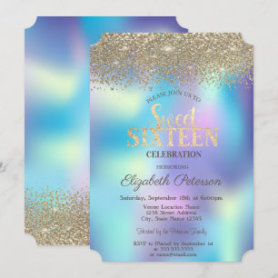 Convite Dourado Confetti Diamantes Blue Holographic Sweet 