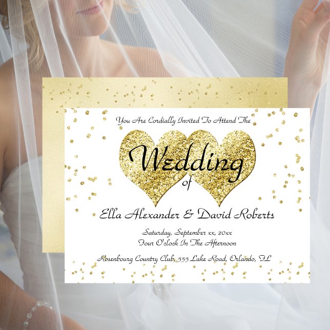 Convite Dourado Confetti Dourado Confetti (Wedding Invitation Gold Confetti Gold Hearts)