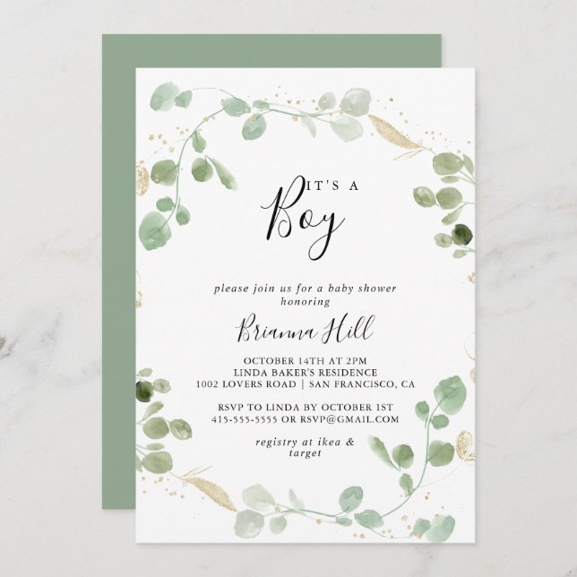 Convite Dourado Confetti Eucalyptus É um Chá de fraldas (Frente/Verso)