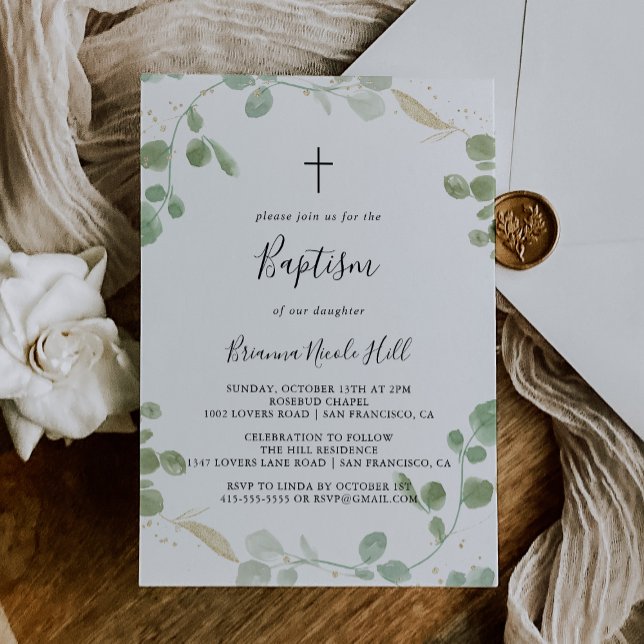 Convite Dourado Confetti Eucalyptus Foliage Baptism (Criador carregado)
