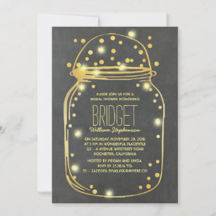 Convite Dourado Confetti Fireflies Chá de panela Mason Jar