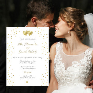 Convite Dourado Confetti Hearts, Casamento