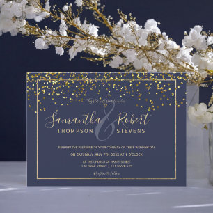 Convite Dourado confetti marinho, roteiro azul, casamento