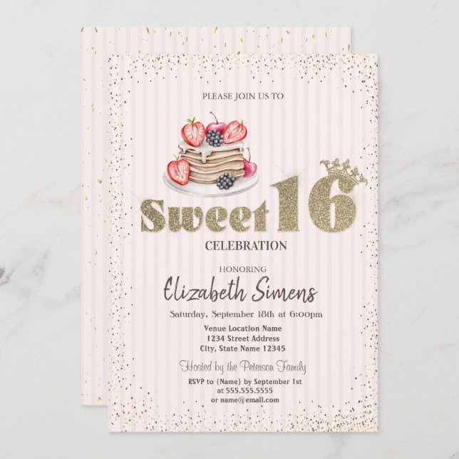 Convite Dourado Confetti,Panquecas,Sweet Striped 16 (Frente/Verso)