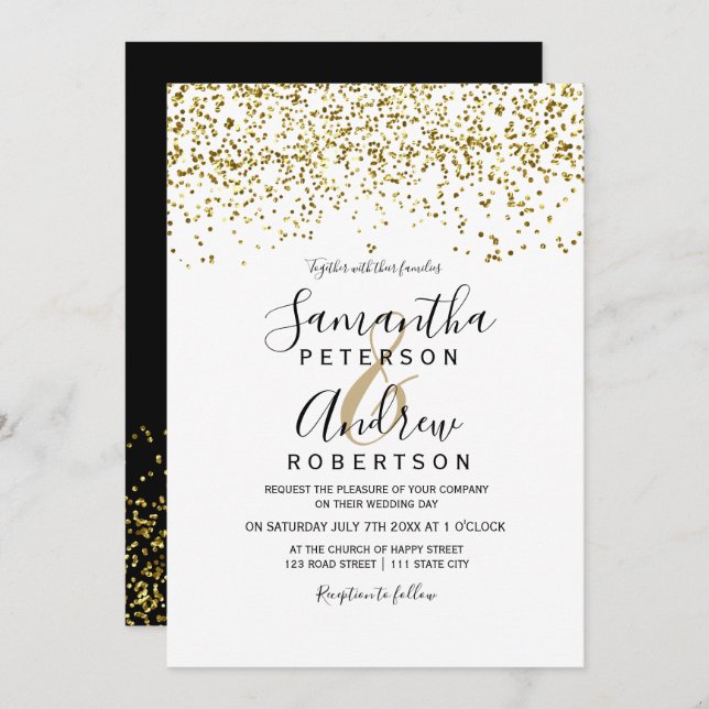 Convite Dourado confetti preto e branco, casamento (Frente/Verso)