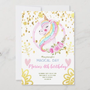 Convite Dourado Confetti Rainbow Unicorn face Aniversário