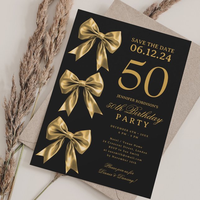 Convite Dourado Coquette Laço Salve A Data 50º Aniversário (Gold Coquette Bow Save The Date 50th Birthday Invitation)