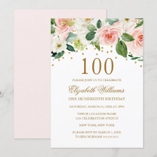 Convite Dourado Cor de Água Floral 100º Aniversário