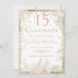 Convite Dourado cor-de-água floral cor-de-rosa Quinceanera