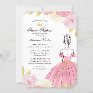 Convite Dourado cor-de-rosa brilhante Suave Floral Dezesse