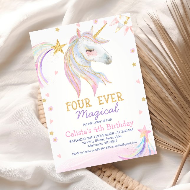 Convite Dourado Cor-de-Rosa, Quatro Mágicas 4º Aniversário (Pastel Unicorn 4th Birthday Invitation Template, Four Ever Magical Unicorn Birthday Invitation)