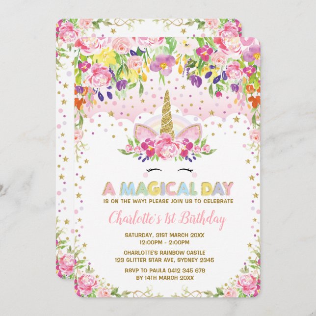 Convite Dourado cor-de-rosa Unicórnio, Aniversário, Convid (Frente/Verso)