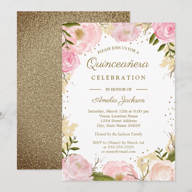 Convite Dourado Cor Floral de Água, Cor  Rosa Quinceanera (Frente/Verso)
