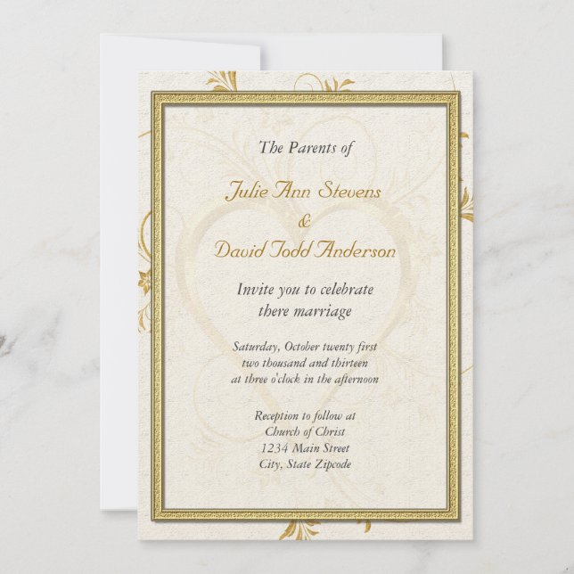 Convite Dourado Coração com Casamento de Quadros (Frente)