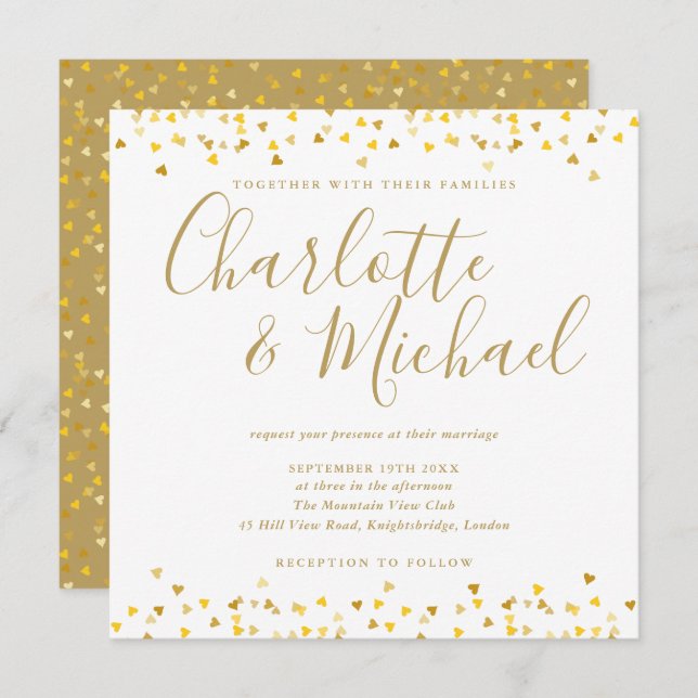 Convite Dourado Corações, Confetti Script Wedding Square (Frente/Verso)