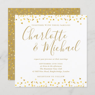 Convite Dourado Corações, Confetti Script Wedding Square