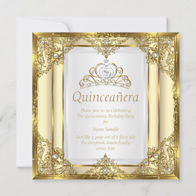 Convite Dourado Creme Branco Pérola Princesa Quinceanera (Frente)