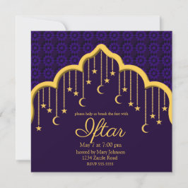 Convite Dourado Crescente Luas e Estrelas Ramadã, roxo