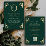 Convite Dourado Crest Monograma QR Code Emerald Green Casa<br><div class="desc">Surpreenda seus convidados com este elegante convite de casamento,  com belas crias vintage e tipografia moderna,  com o Código QR para RSVP online. Basta adicionar os detalhes do seu evento neste modelo fácil de usar para torná-lo um convite personalizado único.</div>