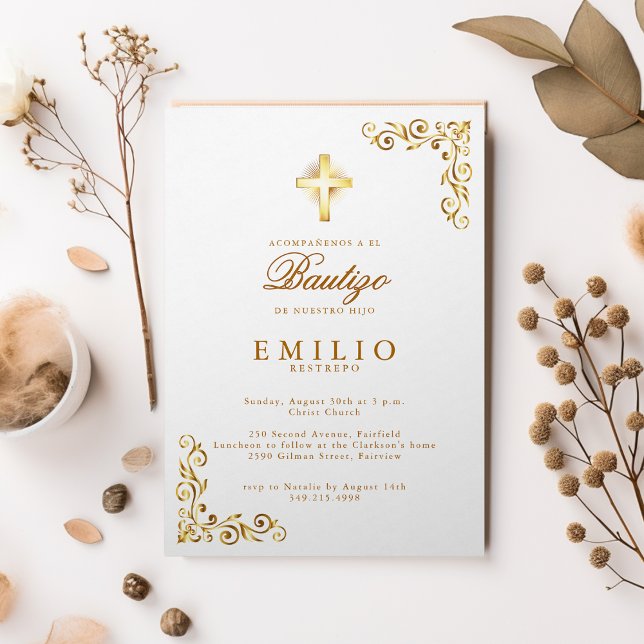 Convite Dourado Cross De Bautizo Espanhol Gênero Branco Ne (Gold Cross De Bautizo Spanish Gender Neutral White Invitation)