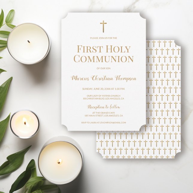 Convite Dourado Cruzeiro Branco Puro Primeira Comunhão Sag (Simple, Chic, Elegant, Gold cross First holy communion invitation template.)