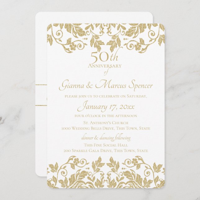 Convite Dourado Damask 50º Aniversário (Frente/Verso)