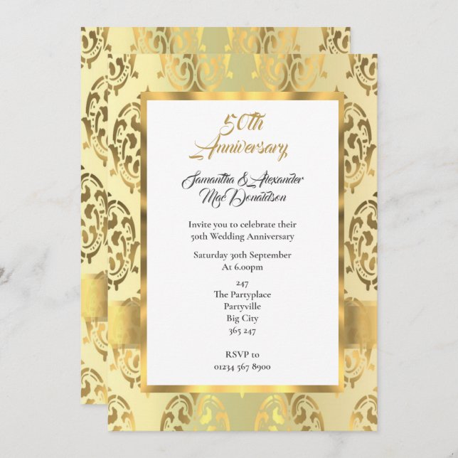 Convite Dourado damask 50º aniversário de casamento (Frente/Verso)