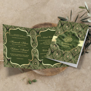 Convite Dourado Damask Caçador Verde Casamento Islâmico Mu