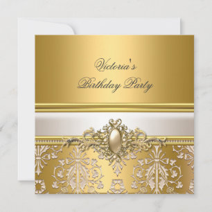 Convite Dourado Damask Creme Branco Festa de Aniversário P