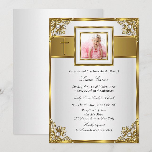 Convite Dourado Damask & Cross Photo Baptism/Christening (Frente/Verso)