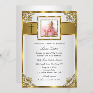 Convite Dourado Damask & Cross Photo Baptism/Christening