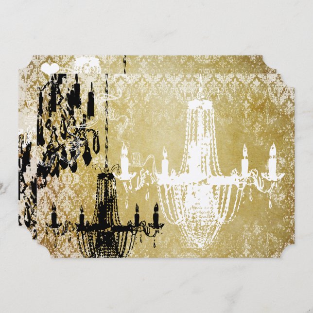 Convite Dourado Damask Vintage Chandelier Invitation (Frente/Verso)